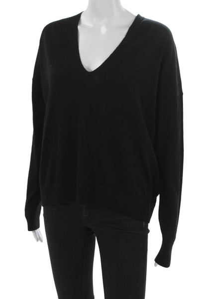 CO Women Pullover Sweater V-Neck Black 100% Wool Long Sleeve Size S