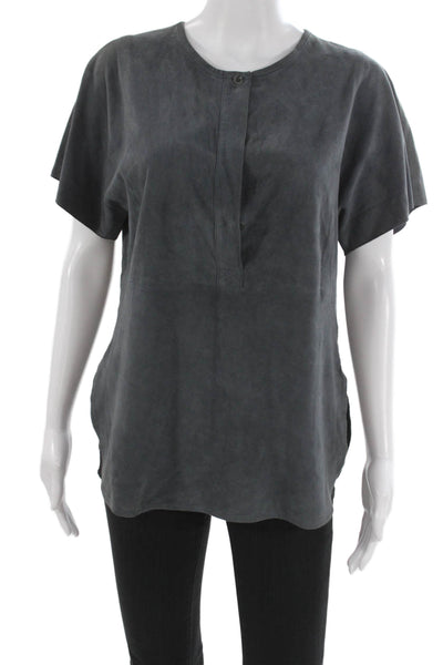 Vince Womens Leather Basic Round Neck Short Sleeve Blouse Gray Size S
