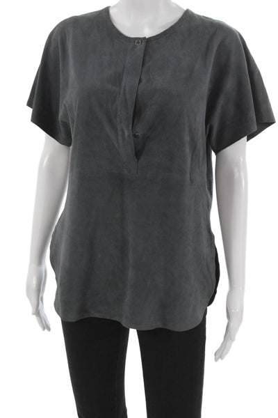 Vince Womens Leather Basic Round Neck Short Sleeve Blouse Gray Size S