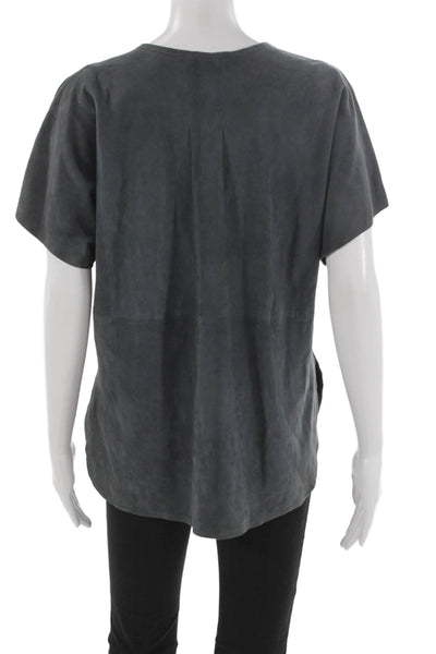 Vince Womens Leather Basic Round Neck Short Sleeve Blouse Gray Size S