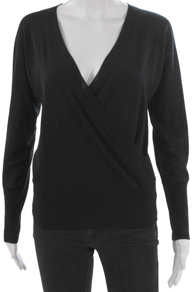Kinross Cashmere Womens Silk Wrap V-Neck Sweater Black Long Sleeve Size XS