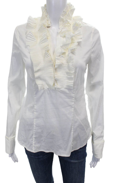 BCBGMAXAZRIA Women Collared Cotton Long Sleeve Basic Blouse White Size S
