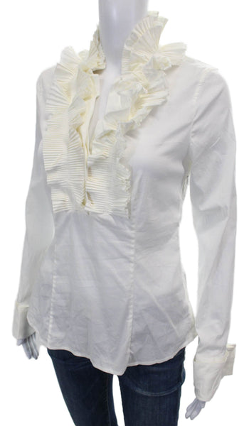 BCBGMAXAZRIA Women Collared Cotton Long Sleeve Basic Blouse White Size S
