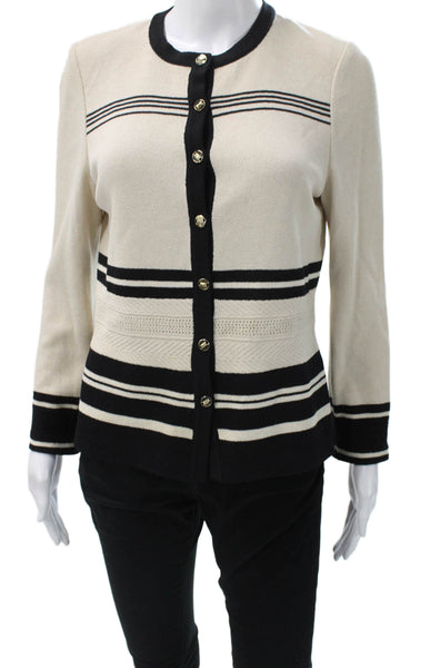 St John Collection Marie Gray Women Cardigan Beige Striped Nylon Blend Size 2