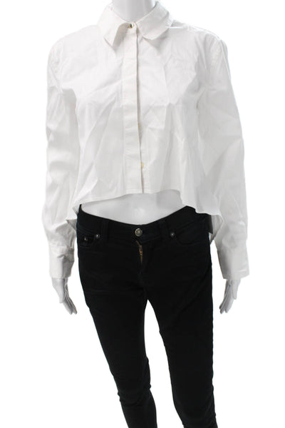 Toccin Womens Cropped Button Up Collared Long Sleeve White Cotton Top Size XS