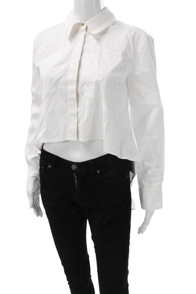 Toccin Womens Cropped Button Up Collared Long Sleeve White Cotton Top Size XS