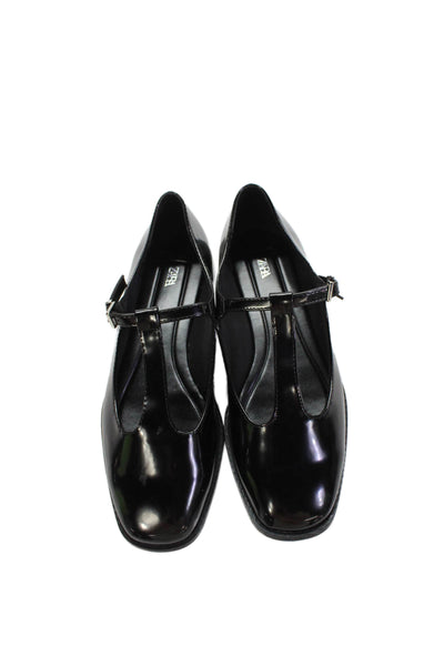 Zara Womens Shiny Vegan Leather Flats Mary Jane Shoes Black Size 10