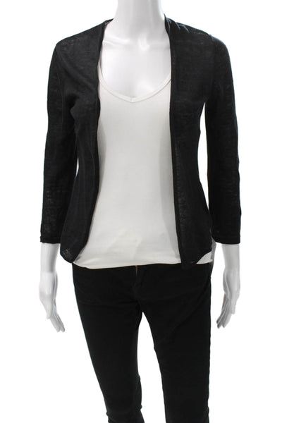 Theory Womens Black Linen V-Neck Cardigan 3/4 Sleeve Size 0P