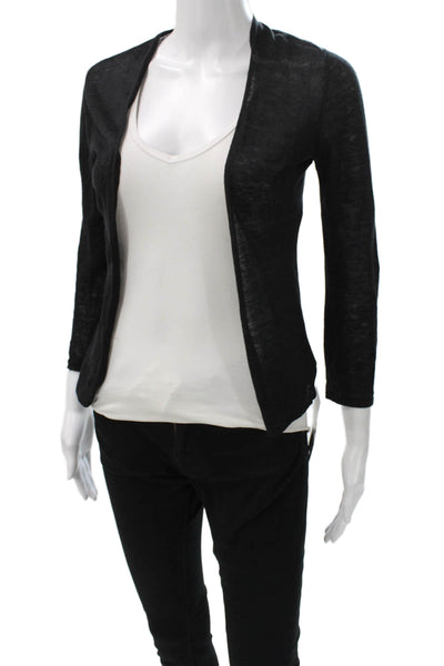 Theory Womens Black Linen V-Neck Cardigan 3/4 Sleeve Size 0P