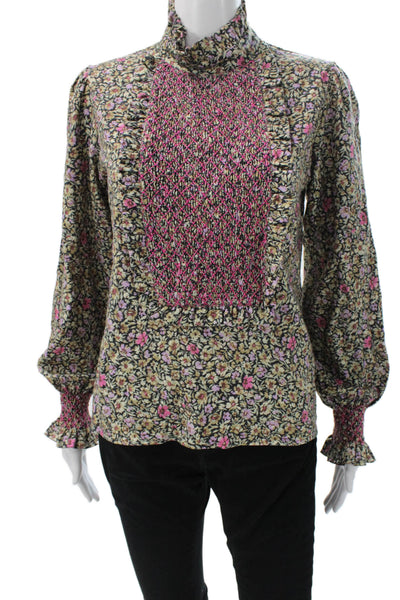 Loretta Caponi Women Viscose Floral High Neck Blouse Long Sleeve Size S