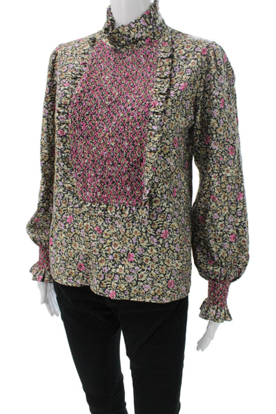Loretta Caponi Women Viscose Floral High Neck Blouse Long Sleeve Size S