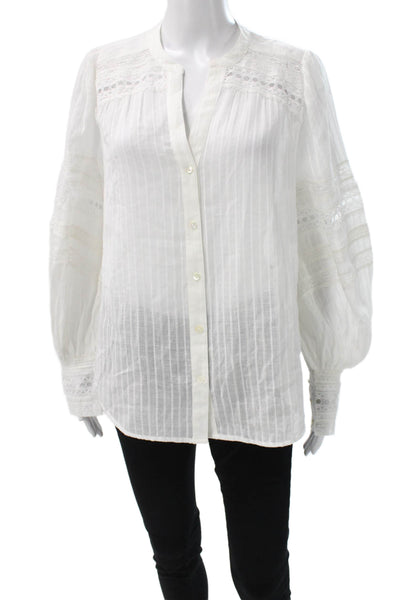 L'Agence Womens Striped V-Neck Cotton Button Long Sleeve Blouse White Size S