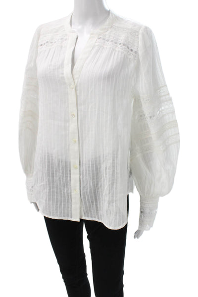 L'Agence Womens Striped V-Neck Cotton Button Long Sleeve Blouse White Size S