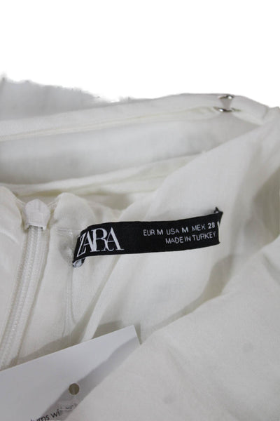 Zara Women Shift Dress White Cotton Square Neck Short Sleeve Zip Size M