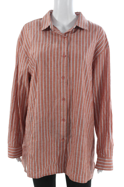 Lafayette 148 New York Women Tunic Button-Up Striped Orange Cotton Size XL
