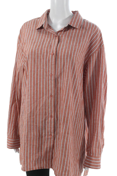 Lafayette 148 New York Women Tunic Button-Up Striped Orange Cotton Size XL