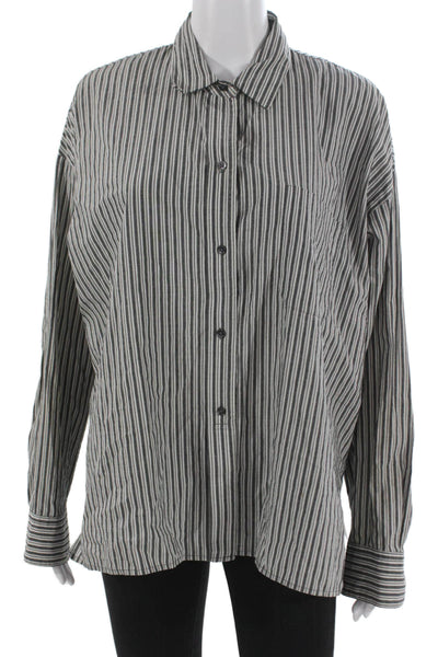 Vince Women Basic Striped Black Cotton Collared Button-Up Long Sleeve Size M