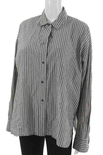 Vince Women Basic Striped Black Cotton Collared Button-Up Long Sleeve Size M