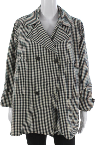Ramosport Women Black Cotton Check Trench Coat Button Long Sleeve Size M