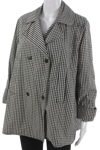 Ramosport Women Black Cotton Check Trench Coat Button Long Sleeve Size M