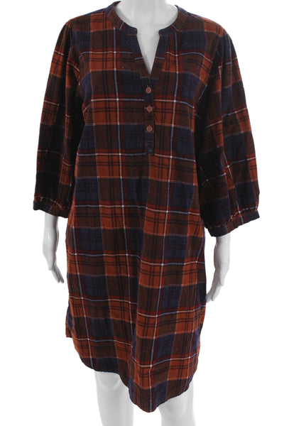 Garnet Hill Womens Plaid Henley Cotton Dress 3/4 Sleeve Sleepshirt Size L