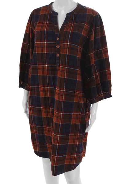 Garnet Hill Womens Plaid Henley Cotton Dress 3/4 Sleeve Sleepshirt Size L