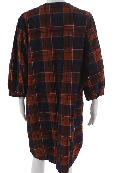 Garnet Hill Womens Plaid Henley Cotton Dress 3/4 Sleeve Sleepshirt Size L