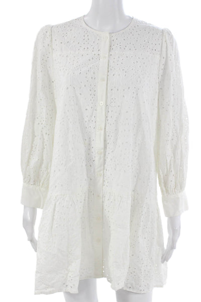 Zara Womens White Cotton Floral Shirt Dress Long Sleeve Above Knee Size M