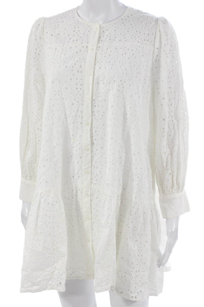 Zara Womens White Cotton Floral Shirt Dress Long Sleeve Above Knee Size M
