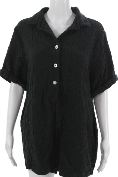Zara Womens Playsuit Black Collared Short Sleeve Cotton Button Size XL