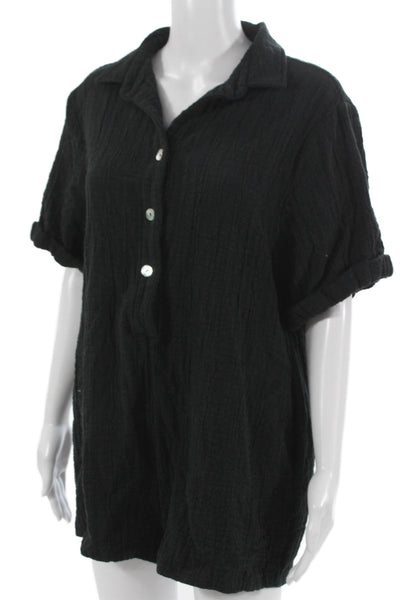 Zara Womens Playsuit Black Collared Short Sleeve Cotton Button Size XL