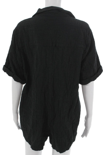 Zara Womens Playsuit Black Collared Short Sleeve Cotton Button Size XL