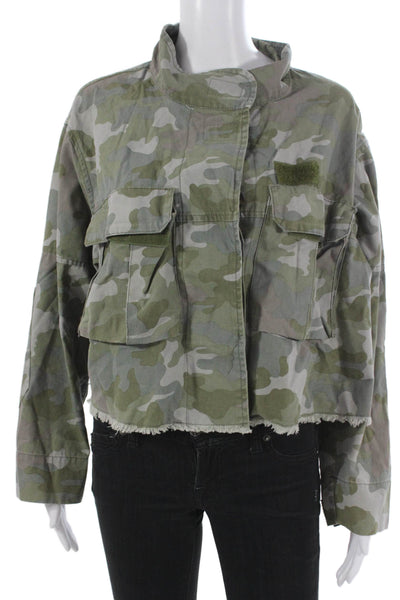 Zara Womens Military Jacket Green Camouflage Cotton Button Long Sleeve Size S