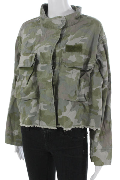 Zara Womens Military Jacket Green Camouflage Cotton Button Long Sleeve Size S