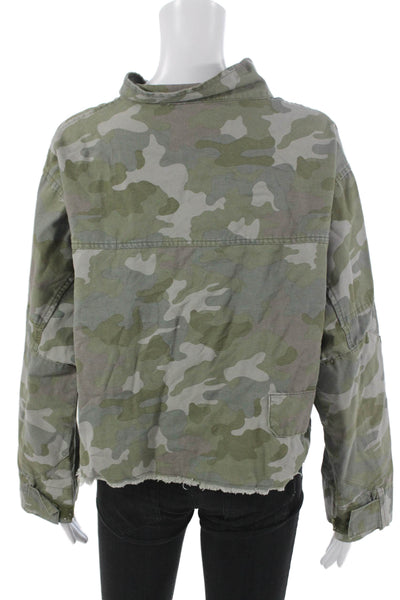 Zara Womens Military Jacket Green Camouflage Cotton Button Long Sleeve Size S