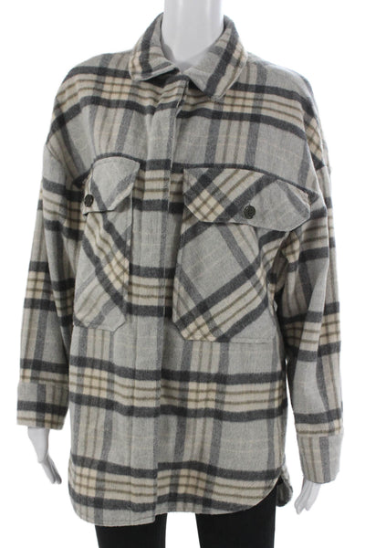 Zara Women Basic Plaid Jacket Gray Button Polyester Long Sleeve Size M