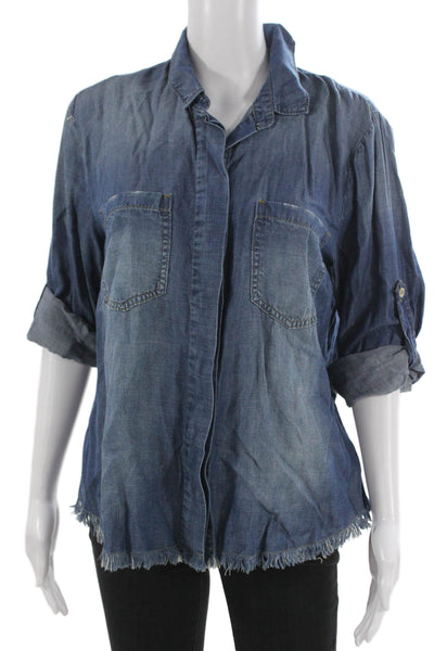 Cloth & Stone Women Blue Tunic Button-Up Collared 3/4 Sleeve Tencel Size M