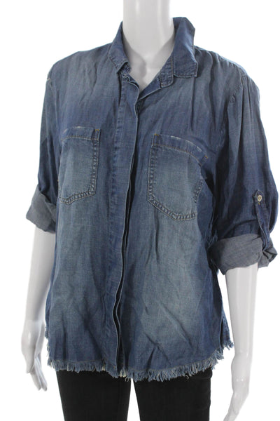 Cloth & Stone Women Blue Tunic Button-Up Collared 3/4 Sleeve Tencel Size M