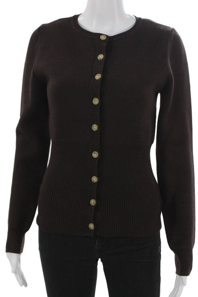 NIA Womens Cardigan Brown Polyester Long Sleeve Round Neck Size S