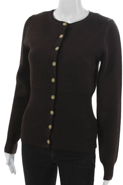 NIA Womens Cardigan Brown Polyester Long Sleeve Round Neck Size S