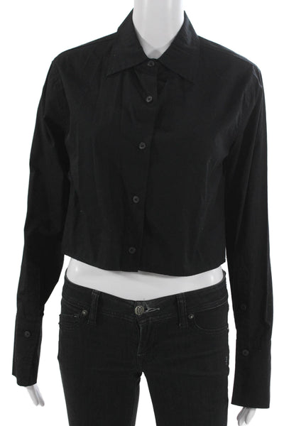 DL1961 Womens Cropped Collared Button-Up Top Black Cotton Long Sleeve Size S
