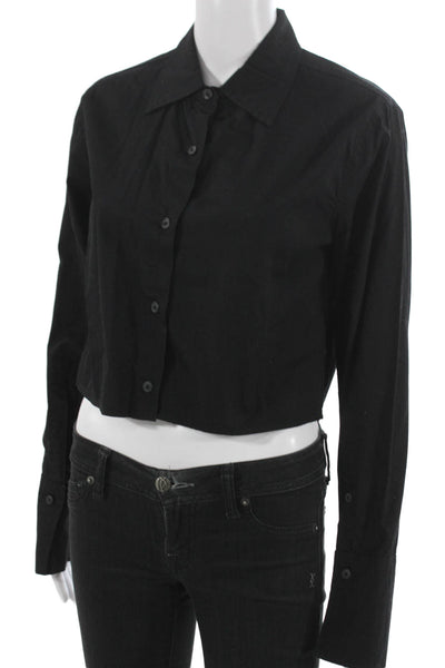 DL1961 Womens Cropped Collared Button-Up Top Black Cotton Long Sleeve Size S