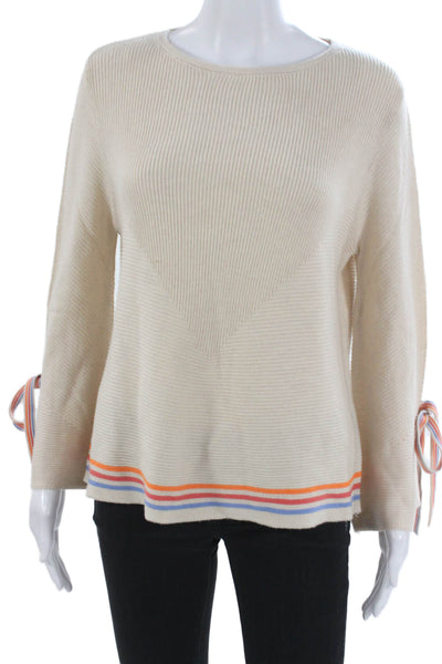 THML Women Beige Striped Pullover Sweater Long Sleeve Round Neck Size XS