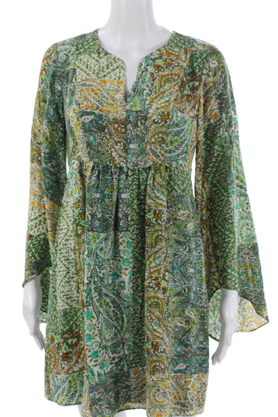 Fluet Womens Silk Paisley Shift Dress V Neck Long Sleeve Short Green Zip Size 2