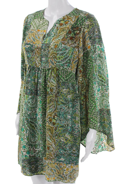 Fluet Womens Silk Paisley Shift Dress V Neck Long Sleeve Short Green Zip Size 2