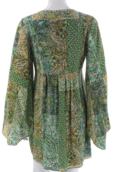 Fluet Womens Silk Paisley Shift Dress V Neck Long Sleeve Short Green Zip Size 2