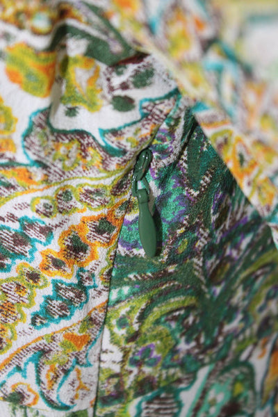 Fluet Womens Silk Paisley Shift Dress V Neck Long Sleeve Short Green Zip Size 2