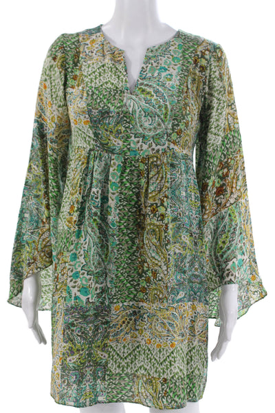Fluet Womens Shift Dress Green Silk V-Neck Long Sleeve Short Paisley Zip Size 4