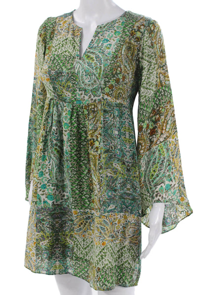 Fluet Womens Shift Dress Green Silk V-Neck Long Sleeve Short Paisley Zip Size 4