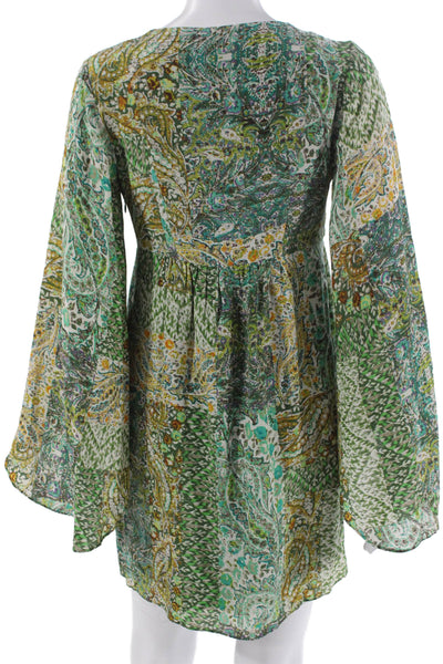 Fluet Womens Shift Dress Green Silk V-Neck Long Sleeve Short Paisley Zip Size 4